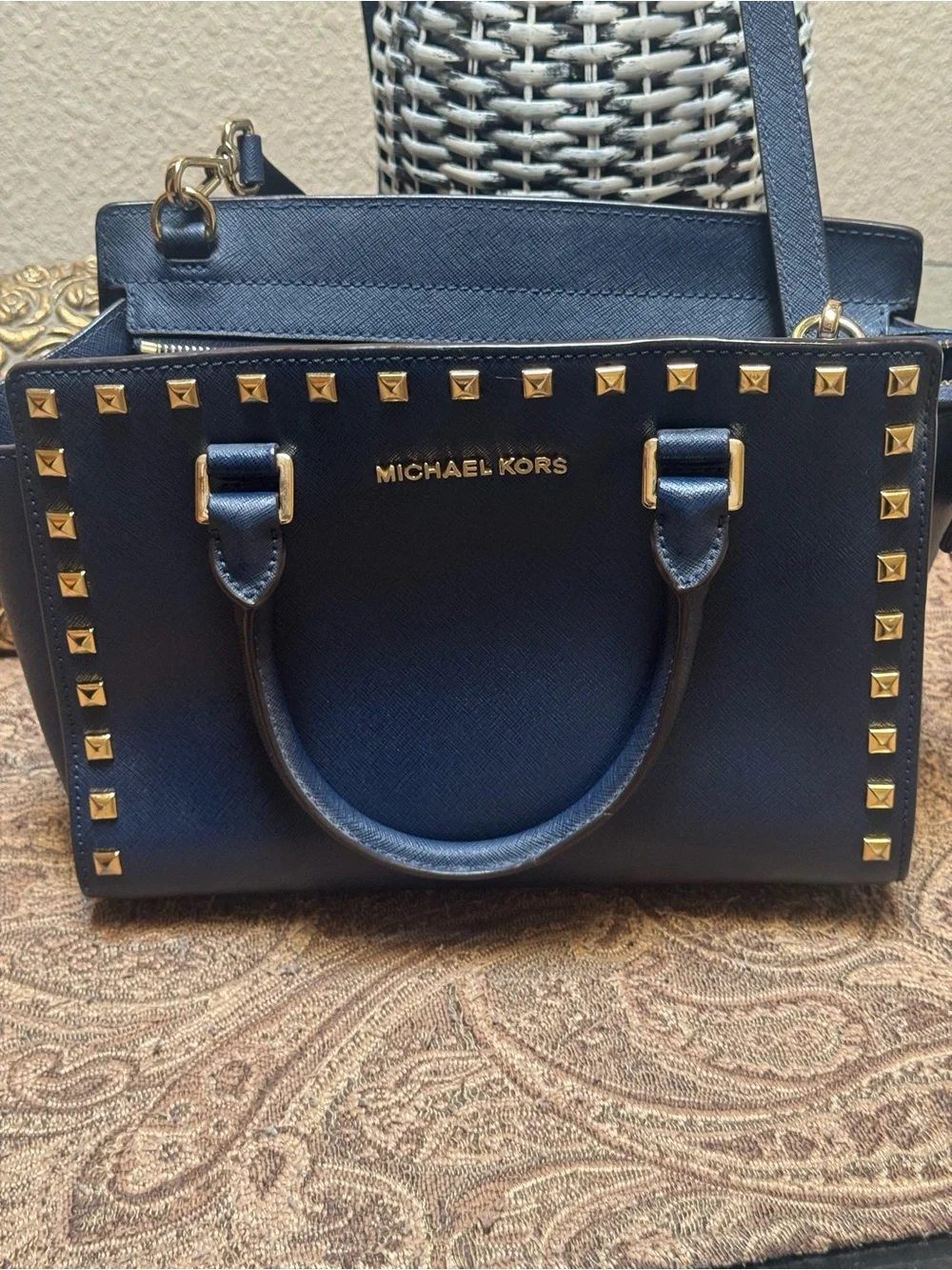 Michael Kors Navy Saffiano Leather Stud Satchel with Gold Hardware